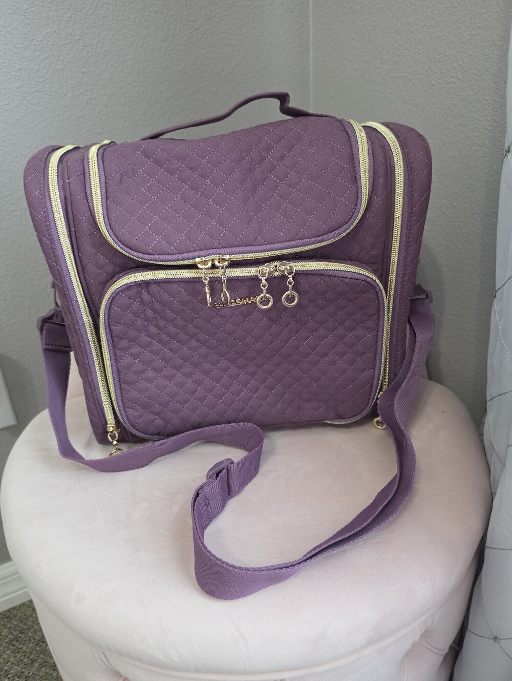 Quilted Purple Crossbody Organizer Bag with Gold Accents